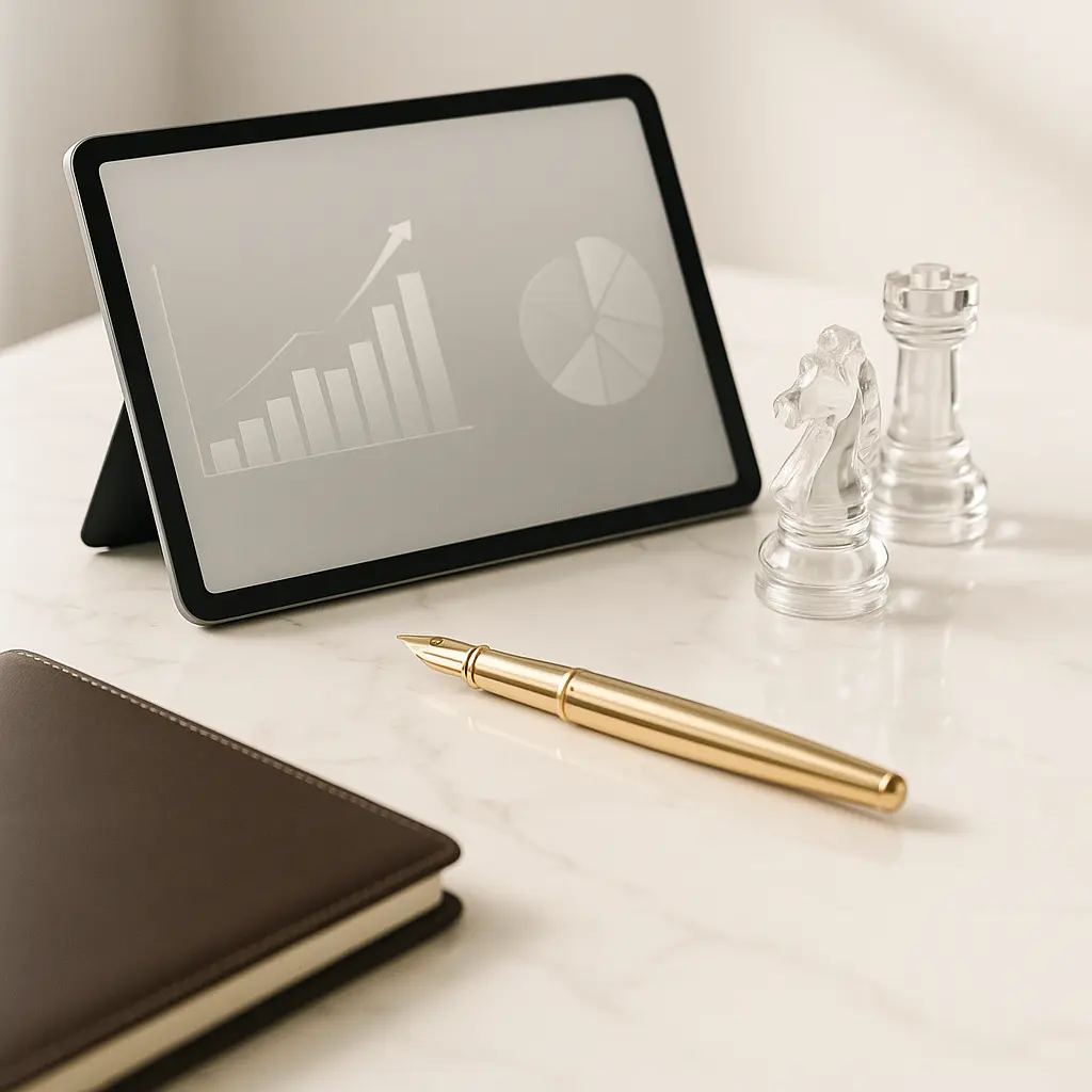 iPad con un análisis estratégico y elementos de ajedrez en cristal